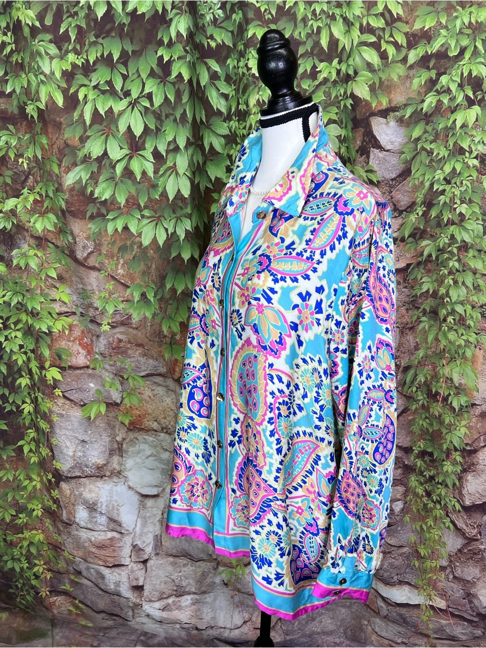 HAUTE HIPPIE STYLE Paisley Resortwear Floral Turquoise Button Front Blouse, 1X - Picture 6 of 14